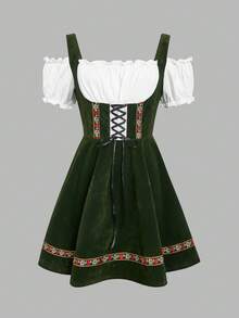 ii Women's German Oktoberfest Costume Traditional Bavarian Beer Garden Velvet Dress, Halloween - Green - View 1