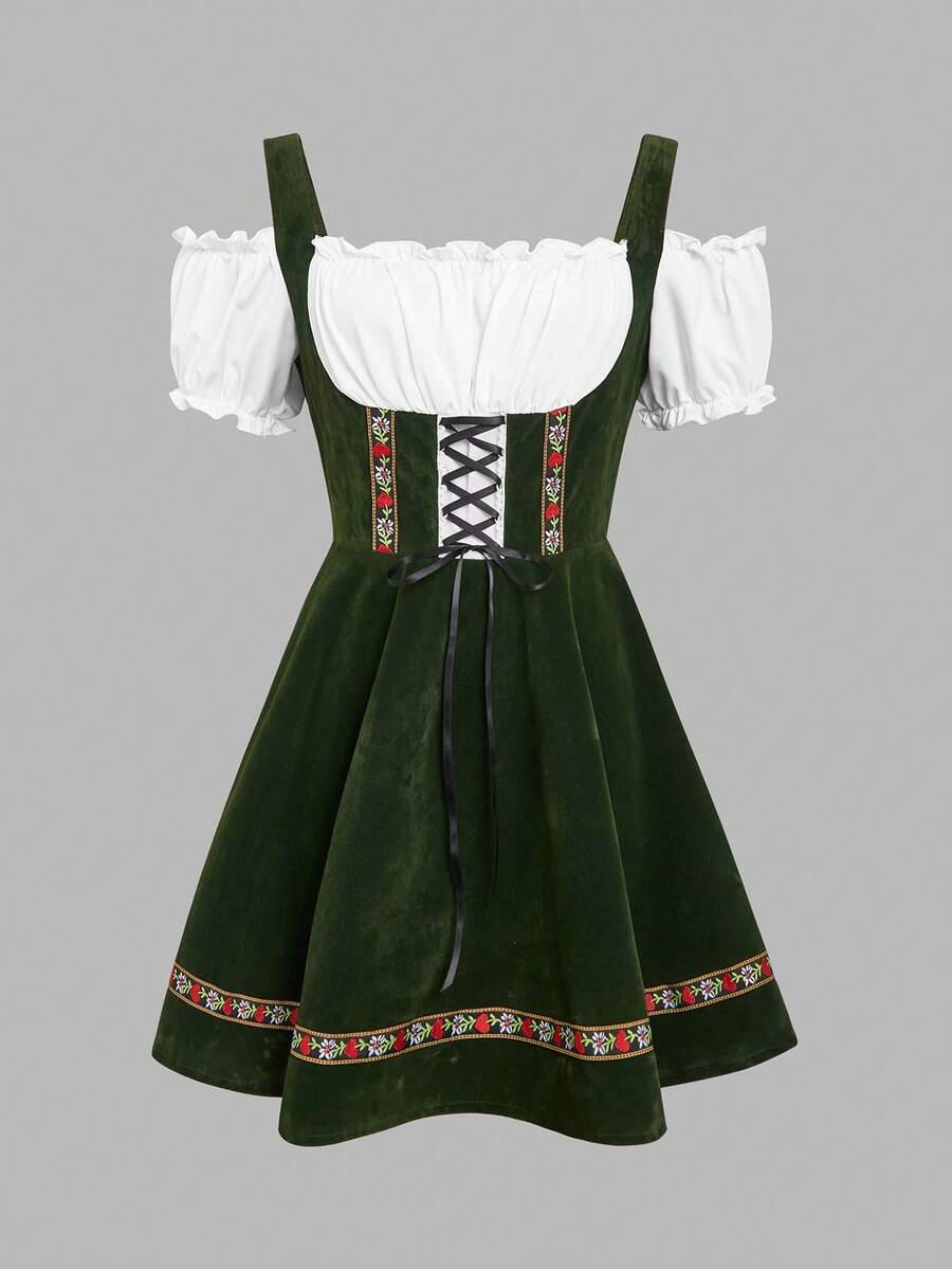 ii Women's German Oktoberfest Costume Traditional Bavarian Beer Garden Velvet Dress, Halloween - Green - View 1