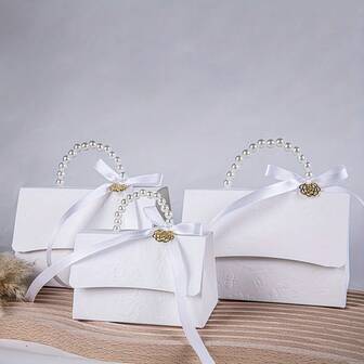 10 Pieces Faux Pearl Decorated Gift Boxes, Party Simple Packaging Bags, Pearl Handle Decorated Paper Gift Boxes, Exquisite White Gift Packaging Boxes, Valentine's Day Wedding Gifts, Halloween Christmas Gift Boxes