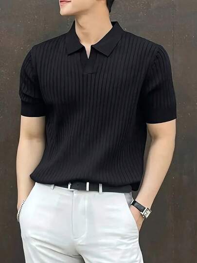 男士休闲纯色 Polo 领短袖针织毛衣
