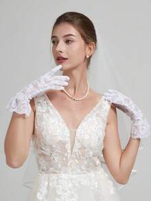 1 双蕾丝蝴蝶结新娘手套仿珍珠乳白色短款手指手套蕾丝立体刺绣优雅下午茶舞会礼服配饰照片道具情人节情人