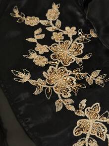 Amyenjoylife 现代菲律宾风情女士优雅泡泡袖亮片图案短袖上衣 黑色夏季 - 黑色 - 查看 4