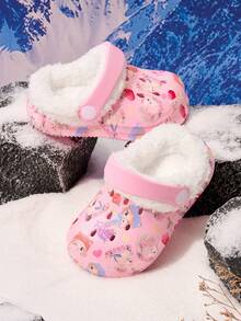 1 Pair Girls Cute Cat Design Thermal Lined Warm Comfortable Indoor Slip-On Shoes, Suitable For Winter - Pink - View 4