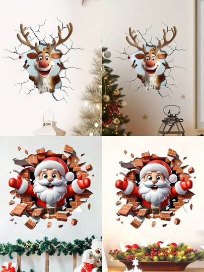 1PC 3D Christmas Wall Sticker, Cartoon Moose Breaking Through The Wall, Animal Print, Self-Adhesive, Glass Surface, Asymmetrical Shape, Matte Finish, Office Supplies, Home Decoration, For Christmas Party Decoration