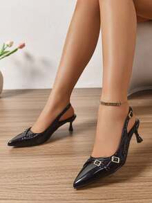 黑色漆皮高跟鞋，金属搭扣，尖头，夜店风格 - 黑色 - 查看 2