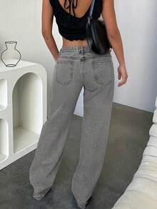 New Popular European And American Street Style Simple Daily Commuting Casual Low-Waist Straight Women's Jeans - Light Grey - View 5