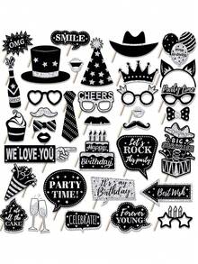 36 PCS Birthday Photo Booth Props Party Supplies Holiday Picture Decorations Photo Booth Props For Birthday Party Favors Pose Sign Kit Fun For Party (Silver And Black /Gold And Black) - Multicolor - View 9