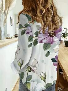 Plus Size Women's Long Sleeve Button-Up Shirt, Solid Color & Ditsy Floral, Casual & Comfortable