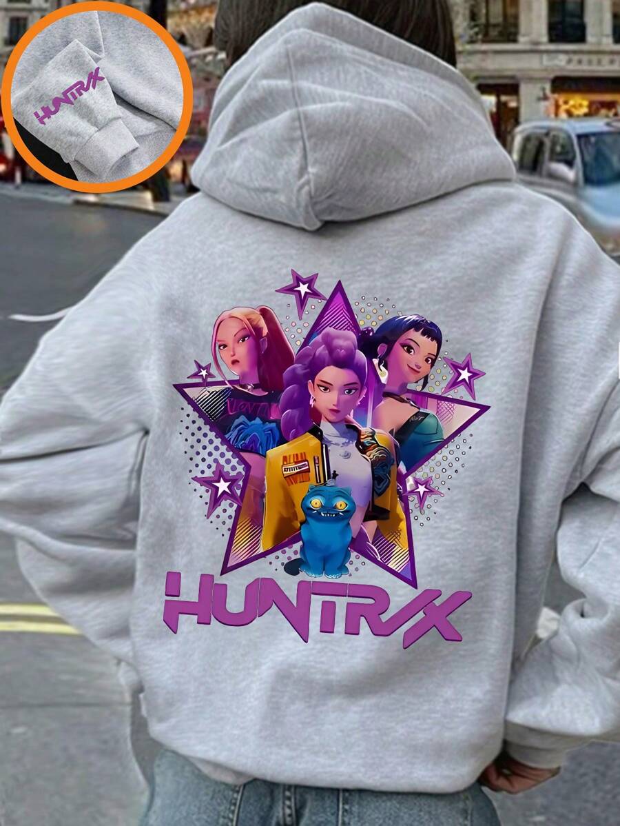 Felpa con cappuccio con stampa grafica e fodera in pile per ragazze pre-adolescenti, calda e confortevole per l'autunno/inverno