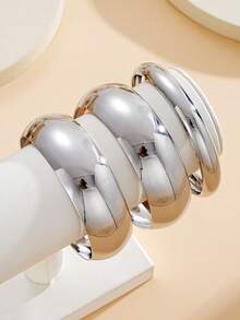 Bộ 3 vòng tay dạng vòng trơn cỡ lớn tối giản, thiết kế cổ điển thanh lịch đơn giản, thích hợp cho ngày lễ, tiệc tùng, hẹn hò, làm quà tặng, đeo hàng ngày - Bạc - Xem 3