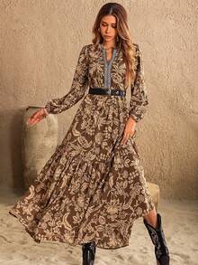 Rusttydustty Women's Dark Blue Randomly Printed V-Neck Long-Sleeved Dress Bohemia Tourism Music Festival - Mocha Brown - View 4