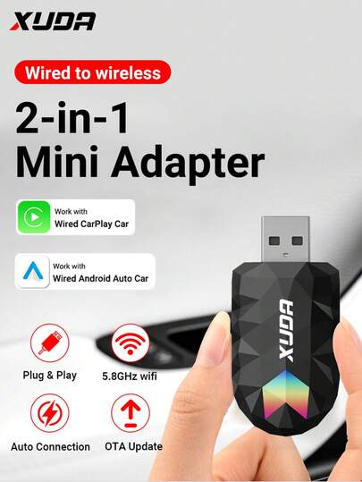  XUDA 2 in 1 Scatola senza fili CarPlay AI Mini e Scatola Android Auto con luce di atmosfera RGB colorata, plug & play, connessione automatica per CarPlay cablato e Android Auto per auto