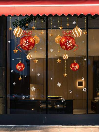 1 pieza Pegatinas contemporáneas para ventanas navideñas - Pegatinas de PVC reutilizables para vidrio con copos de nieve, bolas y estrellas - Acabado brillante, fácil montaje estático, grosor de 5 milésimas - Decoración de puerta de vidrio con ambiente navideño Pegatinas para ventanas navideñas - Pegatinas estáticas de PVC para paredes y vidrio para decoraciones festivas navideñas, adornos de fiesta de Navidad y Año Nuevo, pegatinas estacionales extraíbles para decoración del hogar y la oficina