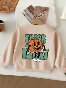 Young Boy Pumpkin Head & Letter Print Thermal Lined Crew Neck Long Sleeve Sweatshirt, Casual Halloween For Autumn/Winter