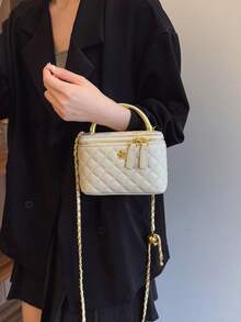 1pc Black Casual Versatile Handheld Small Square Bag, Fashionable Embroidered Checkered Fabric, Suitable For - Beige - View 4