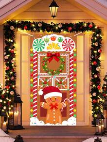 1pc 90*180cm Festive Gingerbread Man Door Banner,Christmas Decoration Front Door Cover,Christmas Party Background Decoration,Home Decor,Perfect For Home Entrance,Holiday Parties & Photography Backdrop, Polyester, Indoor&Outdoor Use,Merry Christmas,Christmas Decoration,Xmas Decor,Christmas Decoration
