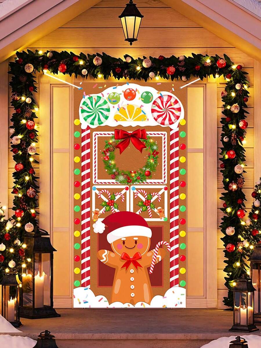 1pc 90*180cm Festive Gingerbread Man Door Banner,Christmas Decoration Front Door Cover,Christmas Party Background Decoration,Home Decor,Perfect For Home Entrance,Holiday Parties & Photography Backdrop, Polyester, Indoor&Outdoor Use,Merry Christmas,Christmas Decoration,Xmas Decor,Christmas Decoration