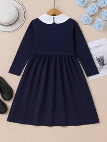 Girls' Long Sleeve Dress, Peter Pan Collar Bow Retro Style Dress, Navy Blue French Style Party Dress | Cute Young Girl Spring Outfit - Navy Blue - View 4