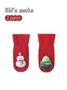 2 Pairs Kids Christmas Socks, Cartoon Anti-Slip Indoor Socks, Warm Toddler Socks, New Year Red Socks