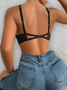 Áo ngực nâng ngực gợi cảm, Áo ngực không gọng, không đường may, cài trước, dây chéo sau, Áo lót hai dây cơ bản, màu trơn, thoải mái, cài nút phía trước, ôm sát. - màu đen - Xem 7