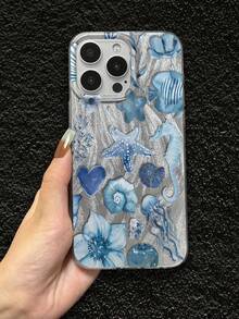 Blue Ocean Creature Phone Case Compatible With IPhone 11 Pro Max, 16 Pro Max, 15 Pro, 14 Plus, 13, 12, 11, 13 Pro Max, 12 Pro, Anti-Drop - Transparent Feather Veil - View 1