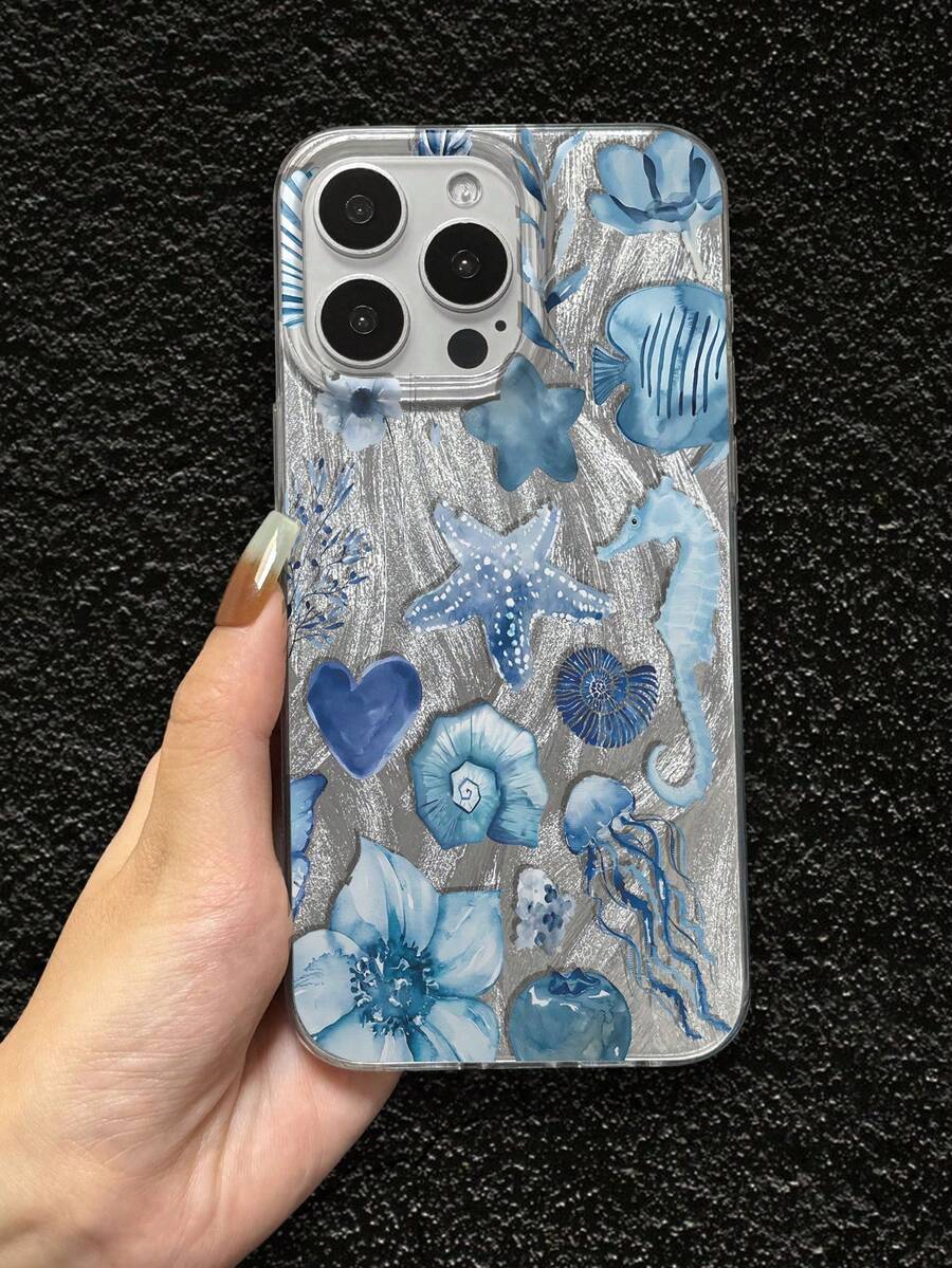 Blue Ocean Creature Phone Case Compatible With IPhone 11 Pro Max, 16 Pro Max, 15 Pro, 14 Plus, 13, 12, 11, 13 Pro Max, 12 Pro, Anti-Drop - Transparent Feather Veil - View 1