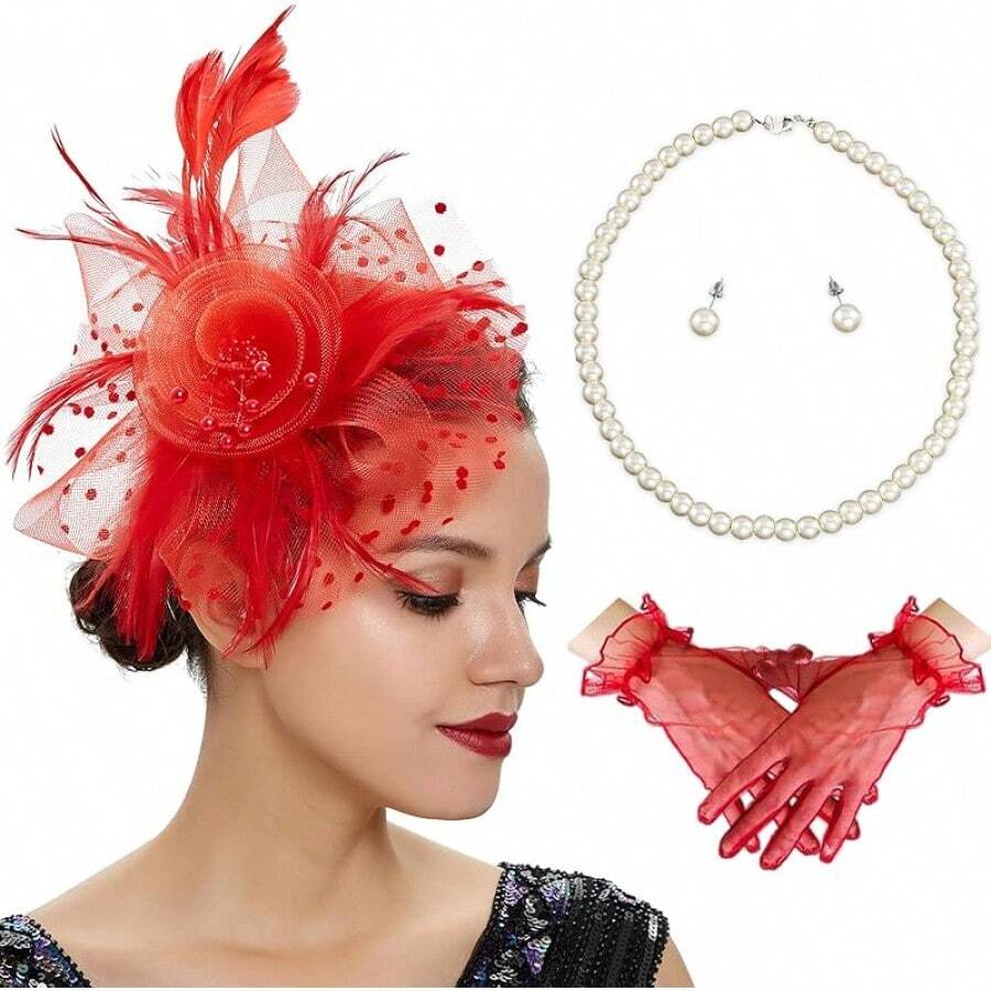 Ibeauti Fascinator Hats With Screentouch Lace Gloves Set Women Tea Party Cocktail Wedding Derby Headwear Short Gloves - 02 Red - 查看 1