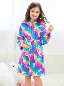 Tween 女童彩虹星空独角兽 3D 耳朵连帽毛绒浴袍家居服 - 彩色 - 查看 3