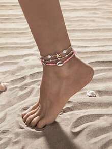 3 件/套女孩海星和贝壳串珠脚链，多层简约时尚脚链套装 - 彩色 - 查看 12