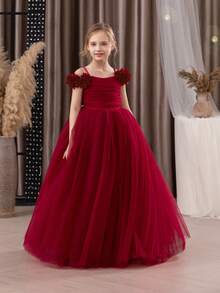 青少年女孩勃艮第 3D 花卉网眼覆盖派对礼服，优雅公主礼服适合女孩礼服、生日派对、舞会、婚礼、花童、伴娘、节日场合 - 酒紅色 - 查看 5