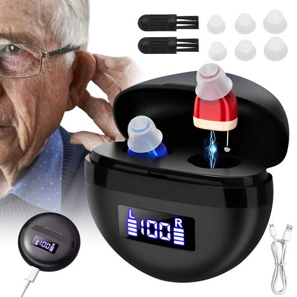 1 Pair Digital Rechargeable Hearing Aids Sound Voice Amplifier Invisible In-Ear Digital Hearing Aids Noise Cancelling 16 Channel Severe Loss Sound Amplifier