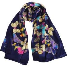 100% Mulberry Silk Scarf For Women Lightweight Long Scarves Beach Wraps Cover Up -Travel Photography Scarfhalloween - 海軍藍蝴蝶 - 查看 1