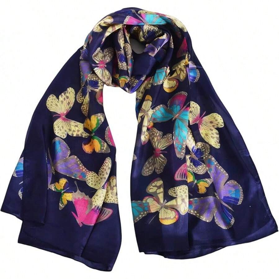 100% Mulberry Silk Scarf For Women Lightweight Long Scarves Beach Wraps Cover Up -Travel Photography Scarfhalloween - 海軍藍蝴蝶 - 查看 1