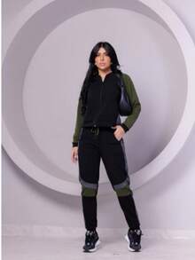 Creep Knit Set: Long Sleeve Blouse, Winter Pants, Front Zipper - xanh quân đội - Xem 1