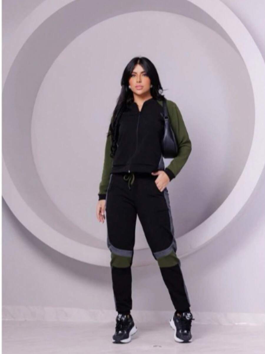 Creep Knit Set: Long Sleeve Blouse, Winter Pants, Front Zipper - xanh quân đội - Xem 1
