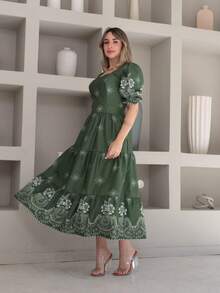 Vitoria Midi Dress With Crepe Print, Stretch On The Back, Short Sleeves - Verde Oliva - Ver 1
