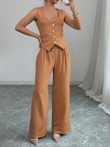Conjunto de 2 piezas a rayas chaleco con botones y pantalon recto para mujer elegante oficina casual unitalla 28-32 - Naranja Quemada - Ver 3