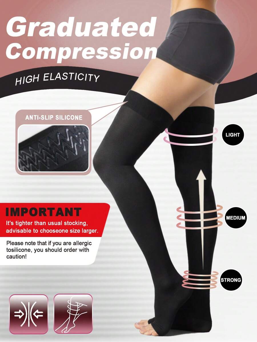 Calcetines altos hasta la rodilla para mujer con puntera abierta, compresión ligera de 15-20 mmHg, transpirables y suaves, con correa elástica antideslizante para adelgazar las piernas