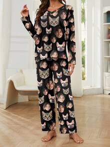 Printstory Customized Women's Pajama Set, Personalized With Pet, Character, Or Portrait Designs, Ideal For Holiday Or Bestie Gifts, Winter,New Year's Eve Outfit - Black - View 3
