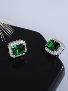 Pendientes de botón de plata de ley 925 con circonita cúbica geométrica cuadrada, joyería de alta calidad para mujeres - Plateado - Ver 6