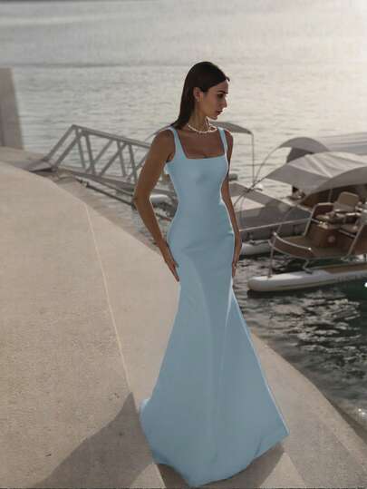 Basrey Ljusblå spaghettiband med hög midja, åtsittande och rygglös brudtärneklänning, sjöjungfruklänning i maxiklänning, lämplig för bröllop, möhippa, semestrar, galor, brudar, vita klänningar