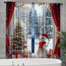 Conjunto de 2 Cortinas de Natal com Árvore de Natal - Bolso para Varão, Impressão Digital, Tecido de Poliéster, Apresentando Cena Natalina Nevosa com Boneco de Neve e Presentes, Decoração Vermelha e Branca Adequada para Sala de Estar, Cozinha, Quarto, Sala de Jantar, Decoração de Natal para Casa (Efeito Estampado, Sem Painéis de Cortina) Decorações de Natal Decoração de Casa Decoração de Quarto - Multicolorido - Ver 15