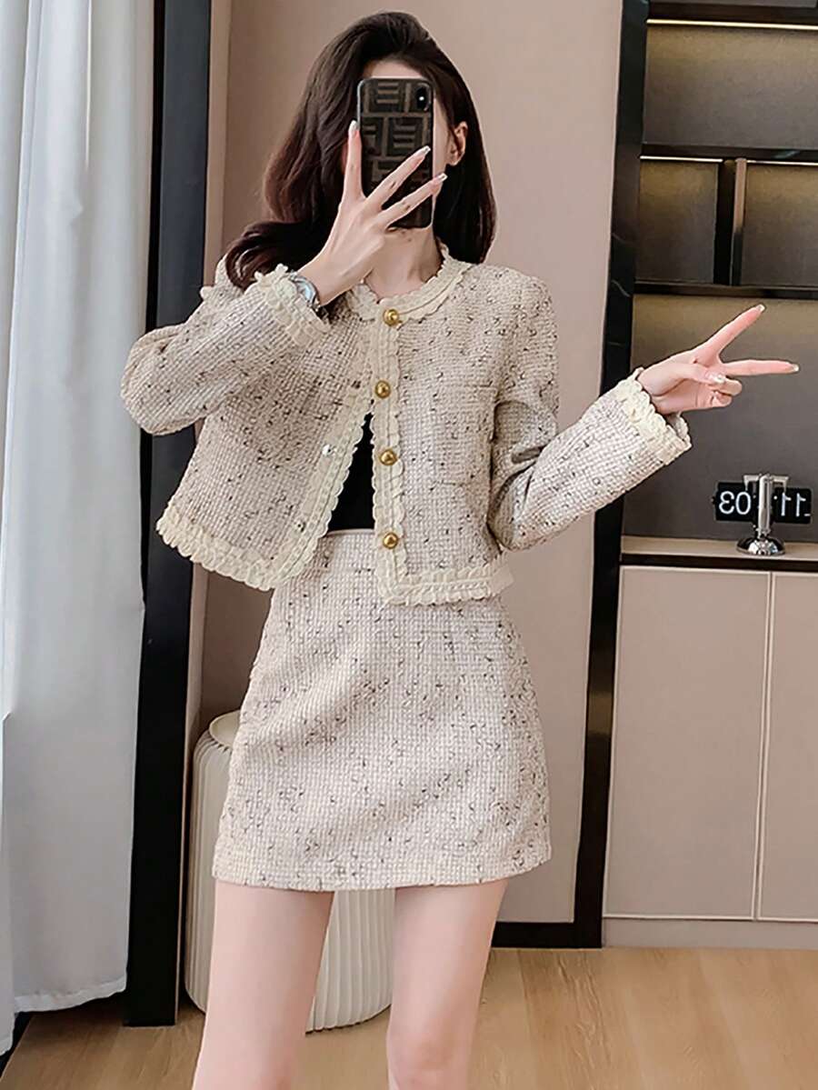 RUIWY 女式春夏薄款前扣长袖优雅蕾丝花边时尚夹克和迷你裙两件套 - 杏色 - 查看 1