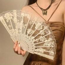 Elegant Lace Rose Folding Fan - Classic Chinese Style Handheld Fan With Floral Patterns, Black And White Rose Options, Compact 9.5-Inch Design Suitable For Dance, Performance Or Decoration - 白色 - 查看 1