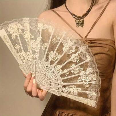 Elegant Lace Rose Folding Fan - Classic Chinese Style Handheld Fan With Floral Patterns, Black And White Rose Options, Compact 9.5-Inch Design Suitable For Dance, Performance Or Decoration