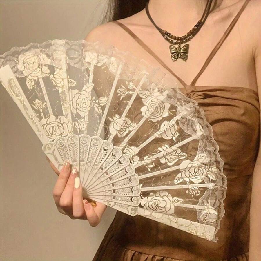 Elegant Lace Rose Folding Fan - Classic Chinese Style Handheld Fan With Floral Patterns, Black And White Rose Options, Compact 9.5-Inch Design Suitable For Dance, Performance Or Decoration - 白色 - 查看 1