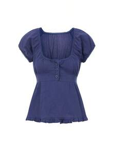 Women Y2k Fairycore Babydoll Shirt Top Plaid/Solid Color Lace Trim V-Neck Short Sleeve Button Front Ruffle Hem Gingham T Shirts Crop Tops Teen Girls Grunge Going Out Tunic Tops Cute Flowy Tee Vintage Aesthetic Clothes Casual Daily Streetwear - 藏蓝色 - 查看 4