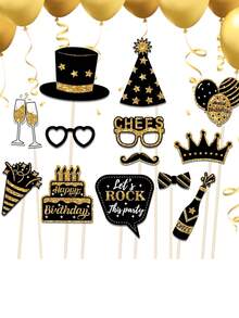36 PCS Birthday Photo Booth Props Party Supplies Holiday Picture Decorations Photo Booth Props For Birthday Party Favors Pose Sign Kit Fun For Party (Silver And Black /Gold And Black) - Multicolor - View 7