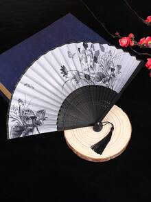 1 件古董折叠竹扇，中式折叠扇，舞蹈扇饰有黑色蝴蝶流苏花卉图案，传统舞蹈扇，手工扇优雅