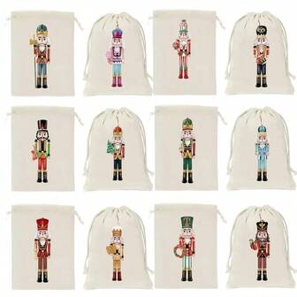 12pcs/Set Unique Nutcracker Design Drawstring Gift Bags, Christmas Holiday Party Favor Bags, Christmas Home Decor Storage Bags, Christmas Event Party Treat Bags, 15*10cm